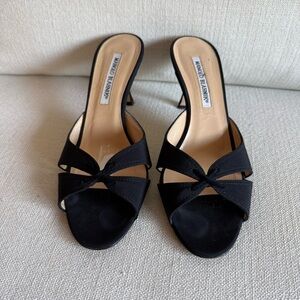 Manolo Blahnik black satin backless mule heel sandal 38.5